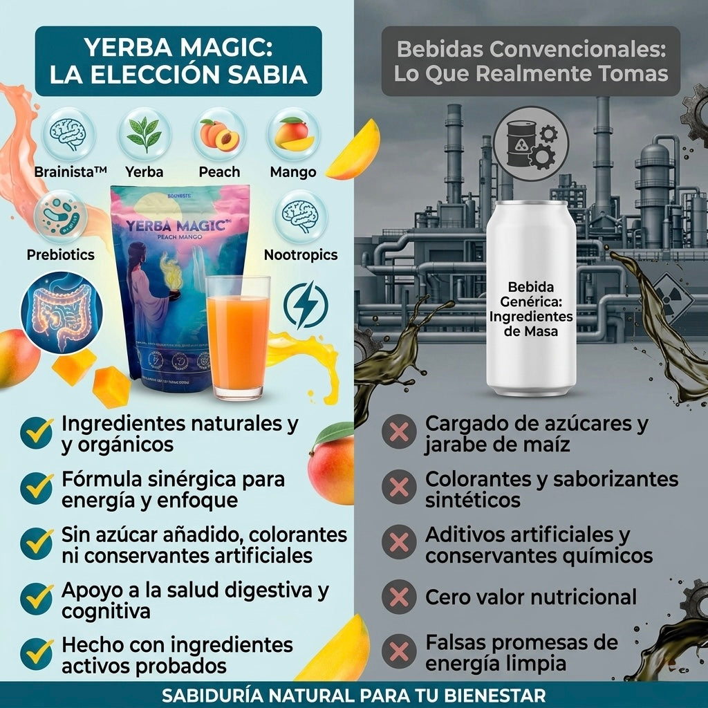 Yerba Magic™: Mezcla en polvo a base de yerba mate con nootrópicos y probióticos que aporta energía limpia, mejora el enfoque mental y favorece la digestión sin causar bajones.