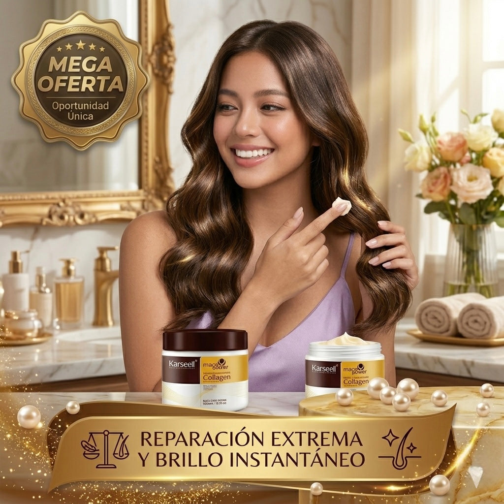 Karseell Maca Power Collagen: Mascarilla capilar de reparación profunda con colágeno, argán y maca que hidrata, elimina el frizz y devuelve brillo sedoso tipo salón desde la primera aplicación.