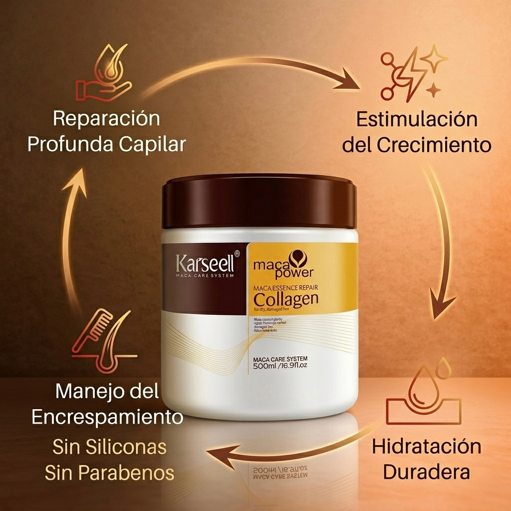 Karseell Maca Power Collagen: Mascarilla capilar de reparación profunda con colágeno, argán y maca que hidrata, elimina el frizz y devuelve brillo sedoso tipo salón desde la primera aplicación.
