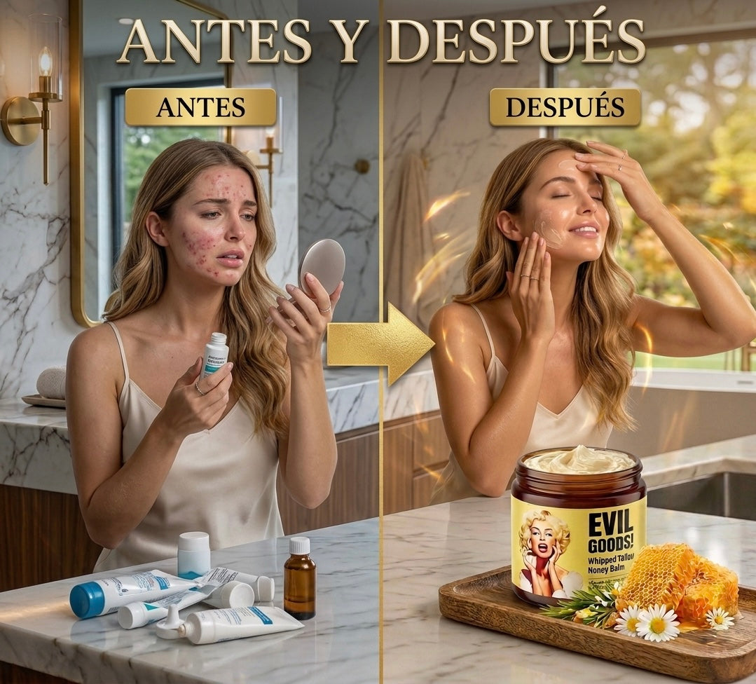 EVIL GOODS: Bálsamo natural batido que hidrata, repara y protege profundamente la piel con sebo nutritivo y miel de Manuka, ideal para piel seca, sensible o dañada.