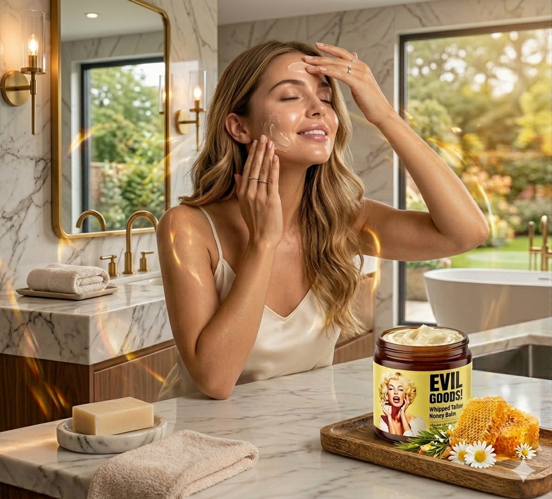 EVIL GOODS: Bálsamo natural batido que hidrata, repara y protege profundamente la piel con sebo nutritivo y miel de Manuka, ideal para piel seca, sensible o dañada.