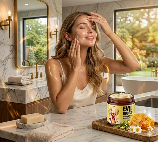 EVIL GOODS: Bálsamo natural batido que hidrata, repara y protege profundamente la piel con sebo nutritivo y miel de Manuka, ideal para piel seca, sensible o dañada.