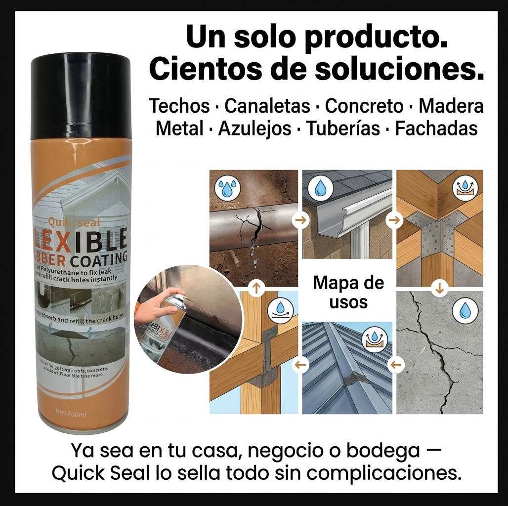 FlexSeal: Spray impermeabilizante de caucho líquido que sella grietas, filtraciones y goteras al instante sin necesidad de herramientas profesionales.