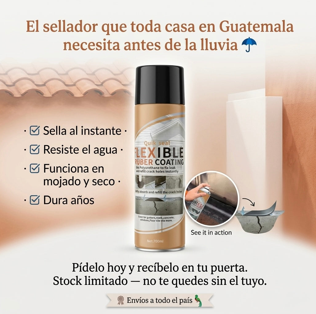 FlexSeal: Spray impermeabilizante de caucho líquido que sella grietas, filtraciones y goteras al instante sin necesidad de herramientas profesionales.
